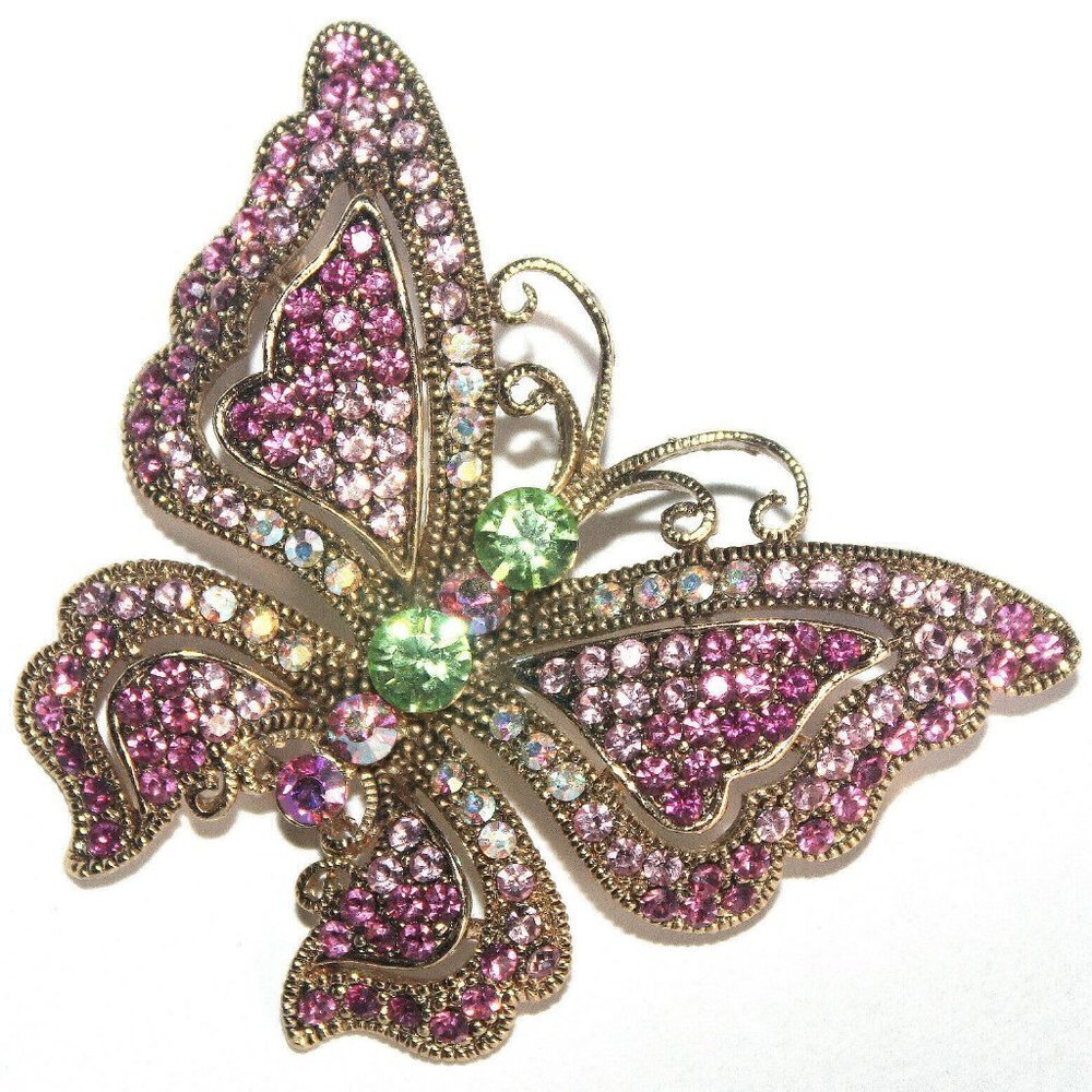Fushia Light Pink Green Aurora Borealis Crystal Gold Plated Butterfly Brooch Pin - Picture 2 of 5